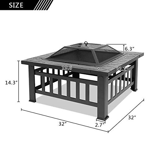 32in Wood Fire Pit with Mesh Lid and Fire Poker E840455