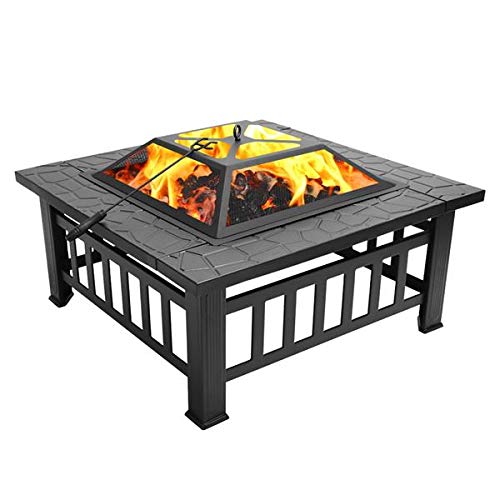 32in Wood Fire Pit with Mesh Lid and Fire Poker E840455