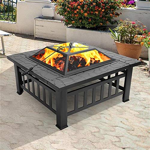 32in Wood Fire Pit with Mesh Lid and Fire Poker E840455