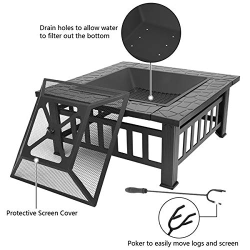 32in Wood Fire Pit with Mesh Lid and Fire Poker E840455