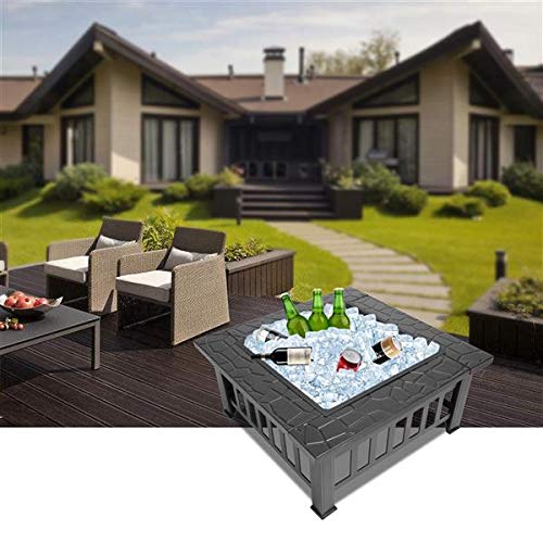32in Wood Fire Pit with Mesh Lid and Fire Poker E840455