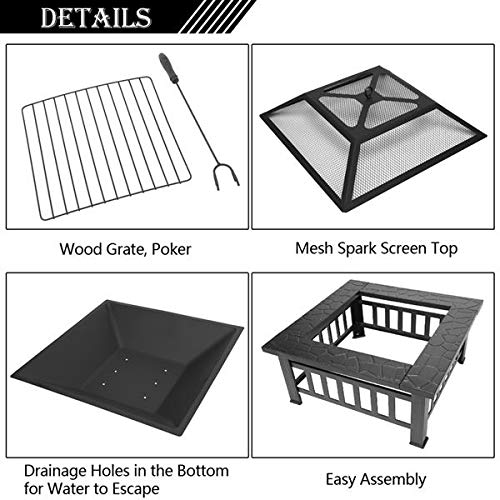 32in Wood Fire Pit with Mesh Lid and Fire Poker E840455