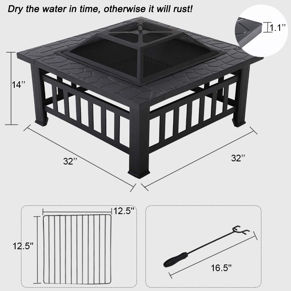 32'' Black Metal Square Wood Burning Fire Pit with Spark Screen Cover, Log Grate, Poker X82459