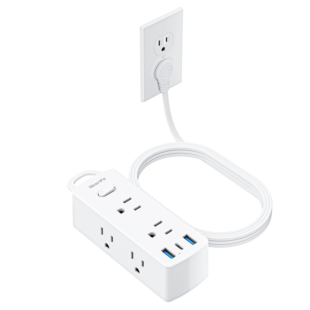 Flat Plug Power Strip with 5 FT Extension Cord, 6 Outlets 3 USB Ports, White H4060