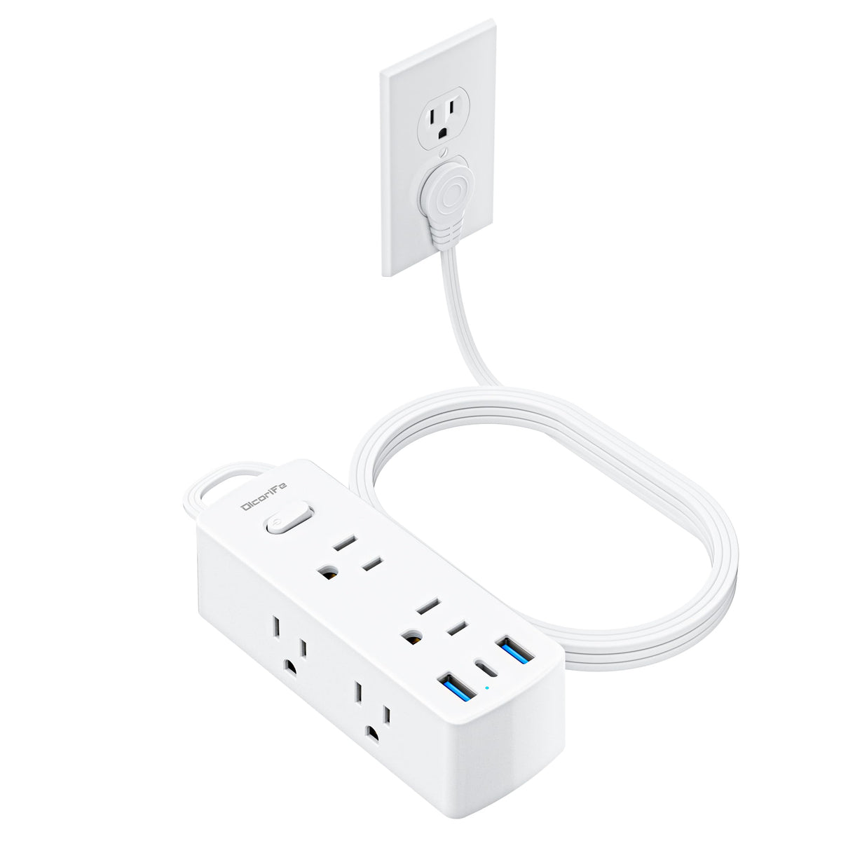 Flat Plug Power Strip with 5 FT Extension Cord, 6 Outlets 3 USB Ports, White H4060