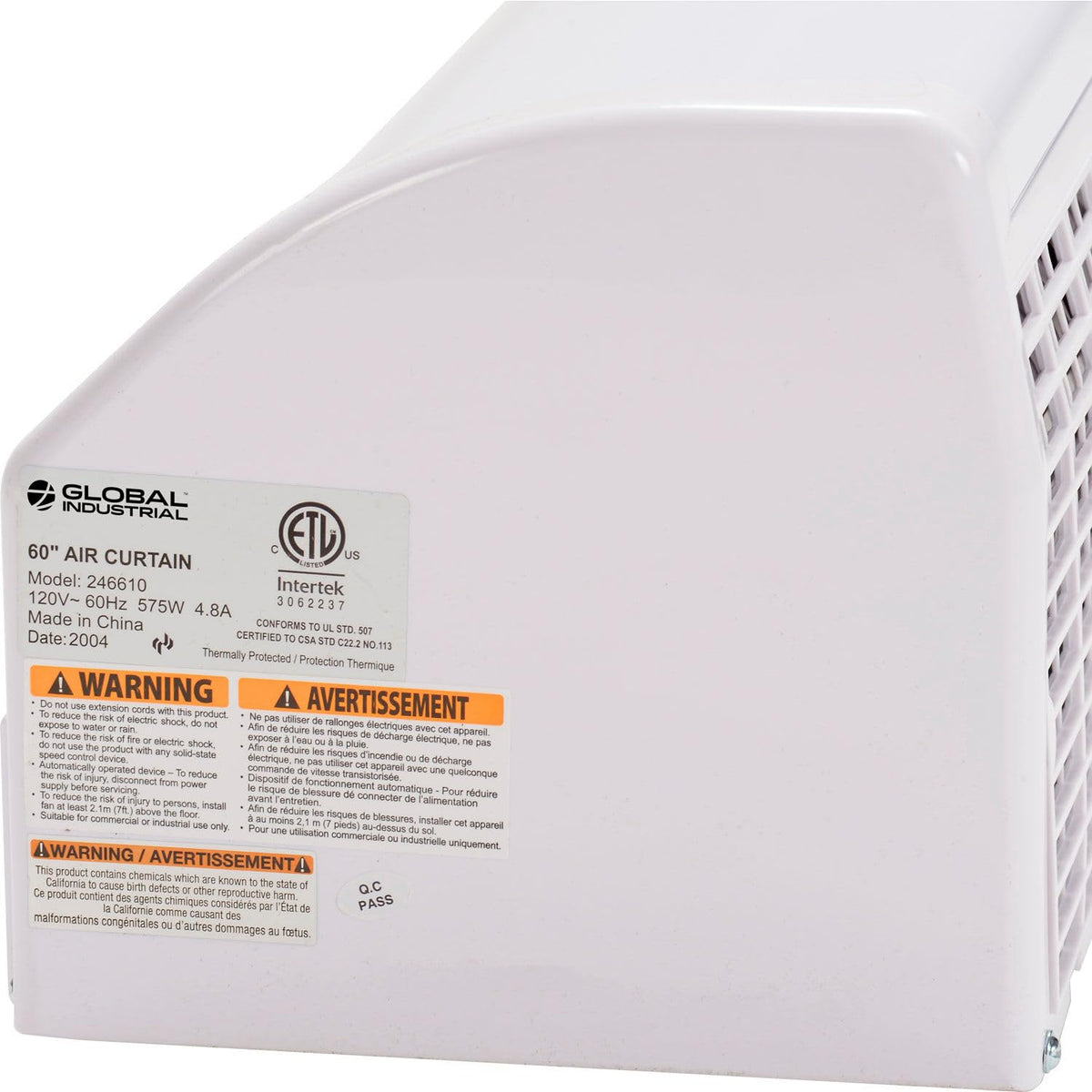Unheated Air Curtain with Remote Control, 60"W, 1/3 HP V846391