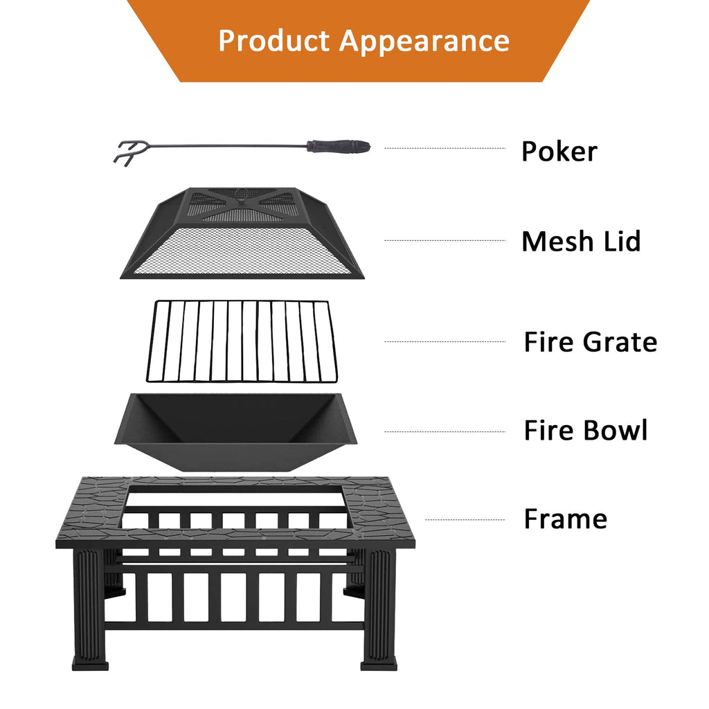 32 Inch Metal Square Outdoor Wood Burning Fire Pit Table V51551