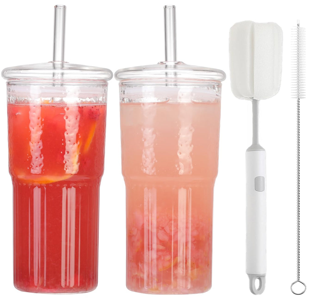 2Pcs 22oz Glass Cups with Lids and Straws R730