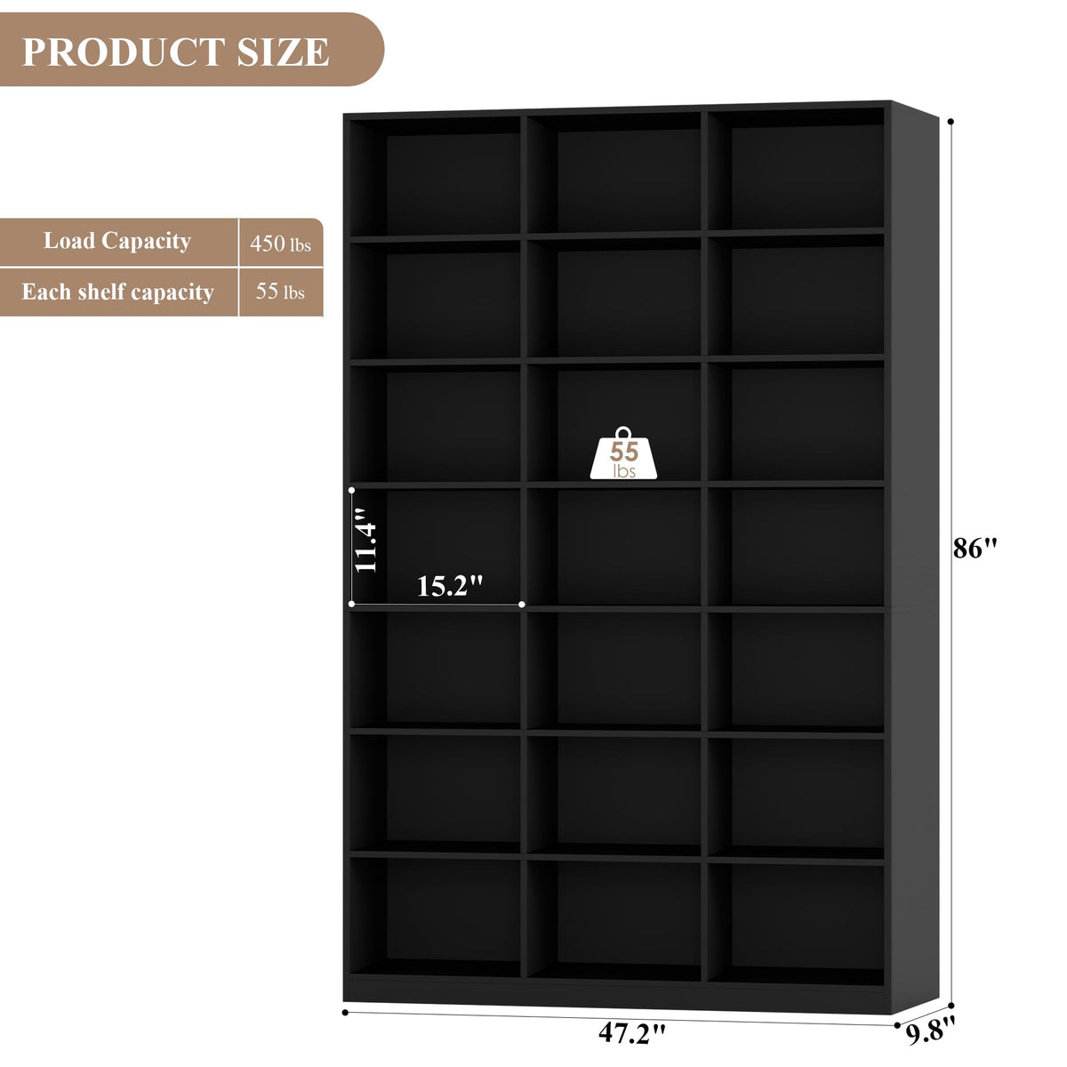 86" Triple Wide Black Bookshelf and Bookcase G688