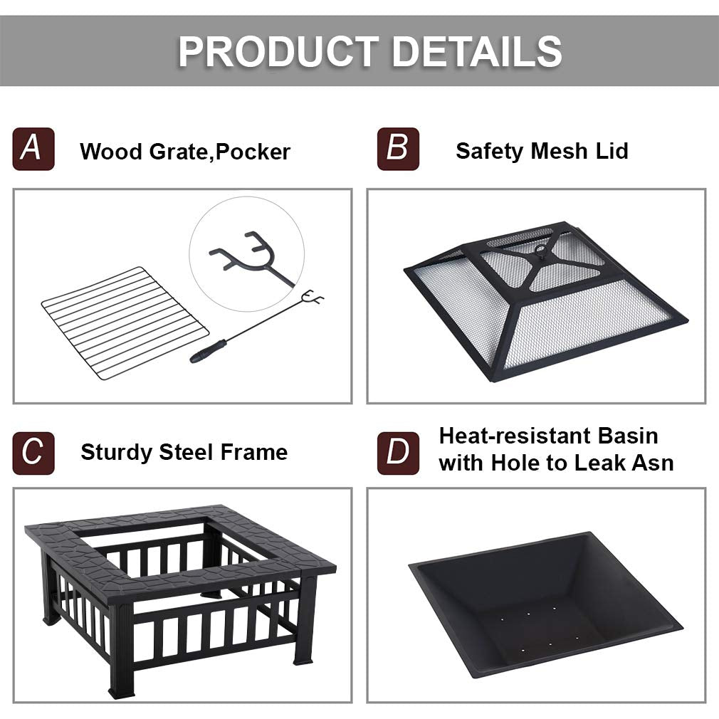 32'' Black Metal Square Wood Burning Fire Pit with Spark Screen Cover, Log Grate, Poker X82459