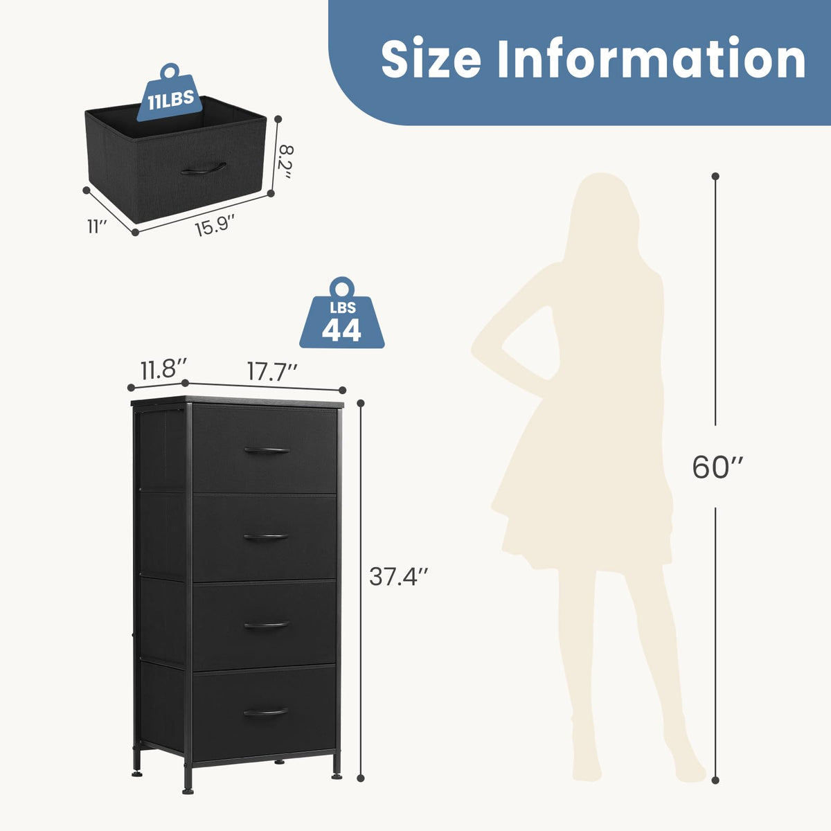 Nightstand with 4 Fabric Drawers B804