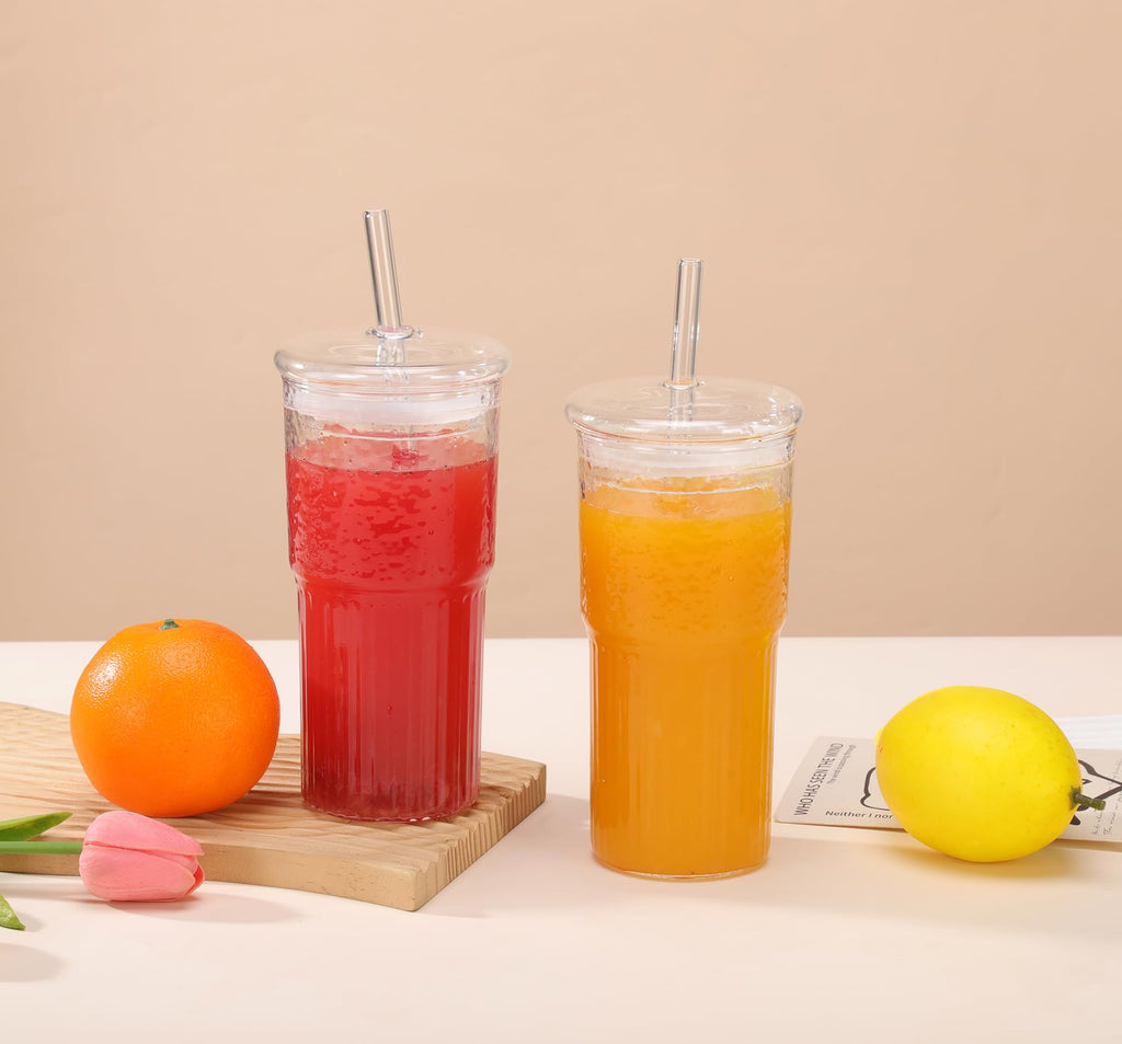 2Pcs 22oz Glass Cups with Lids and Straws R730