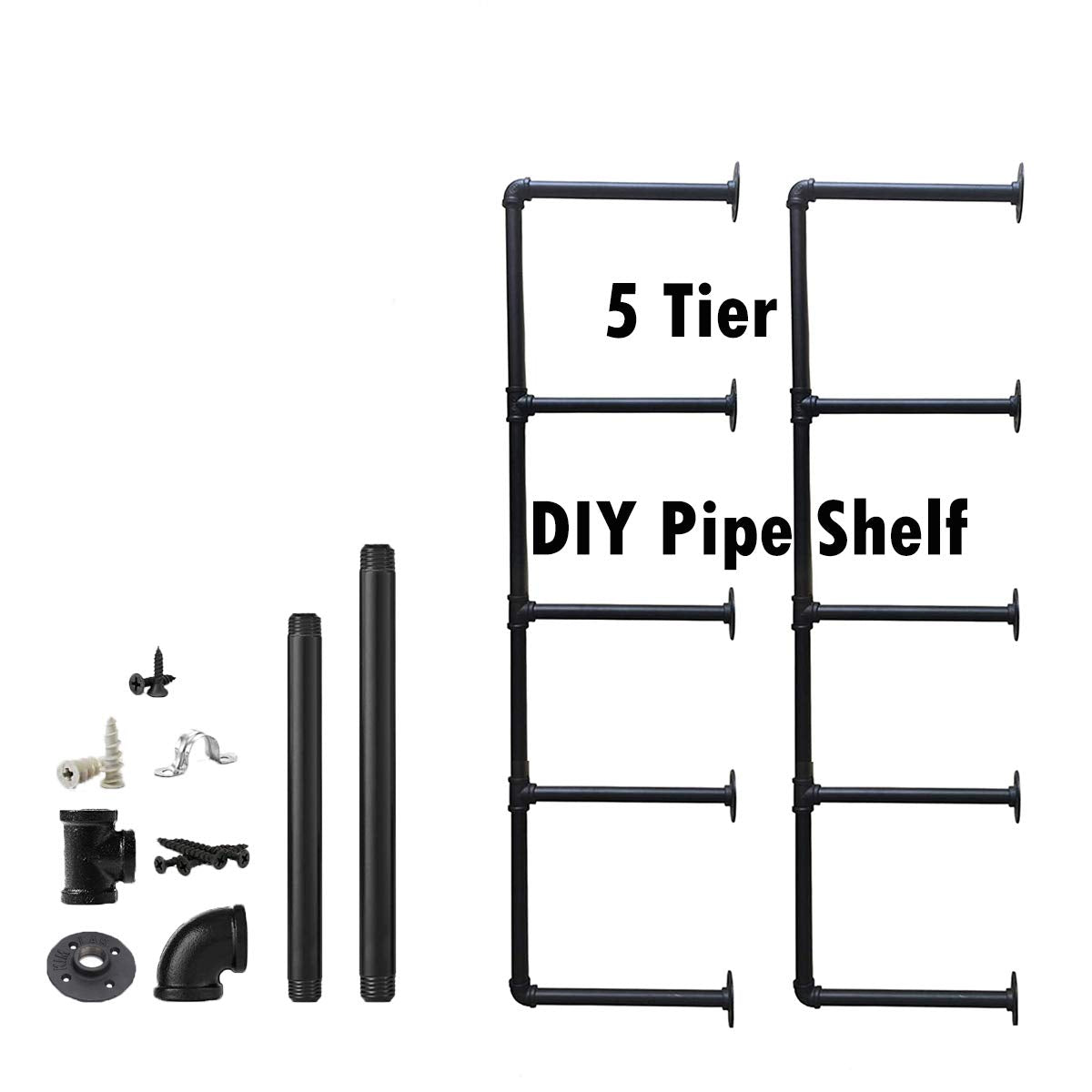Industrial Wall Mount Iron Pipe Shelf 2Pcs 5 Tier E46351