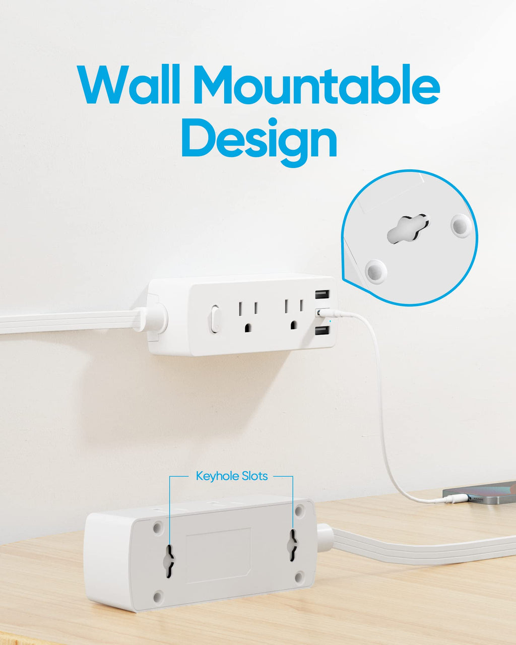 Flat Plug Power Strip with 5 FT Extension Cord, 6 Outlets 3 USB Ports, White H4060