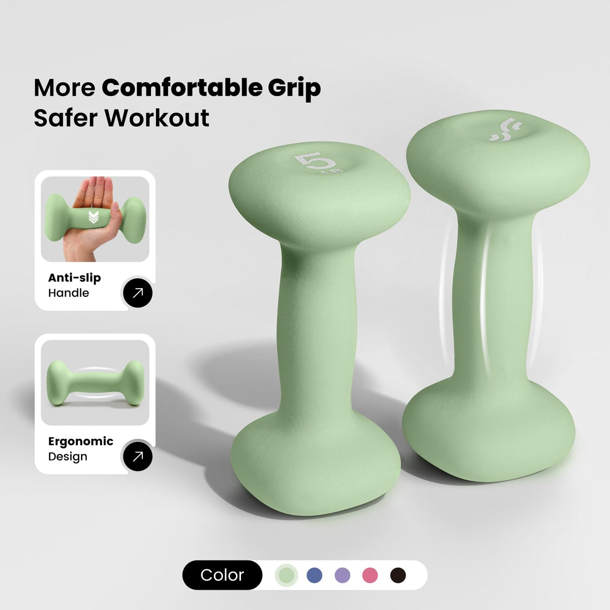Neoprene Dumbbells Set of 2, 5lb Hand Weights, Green G9090