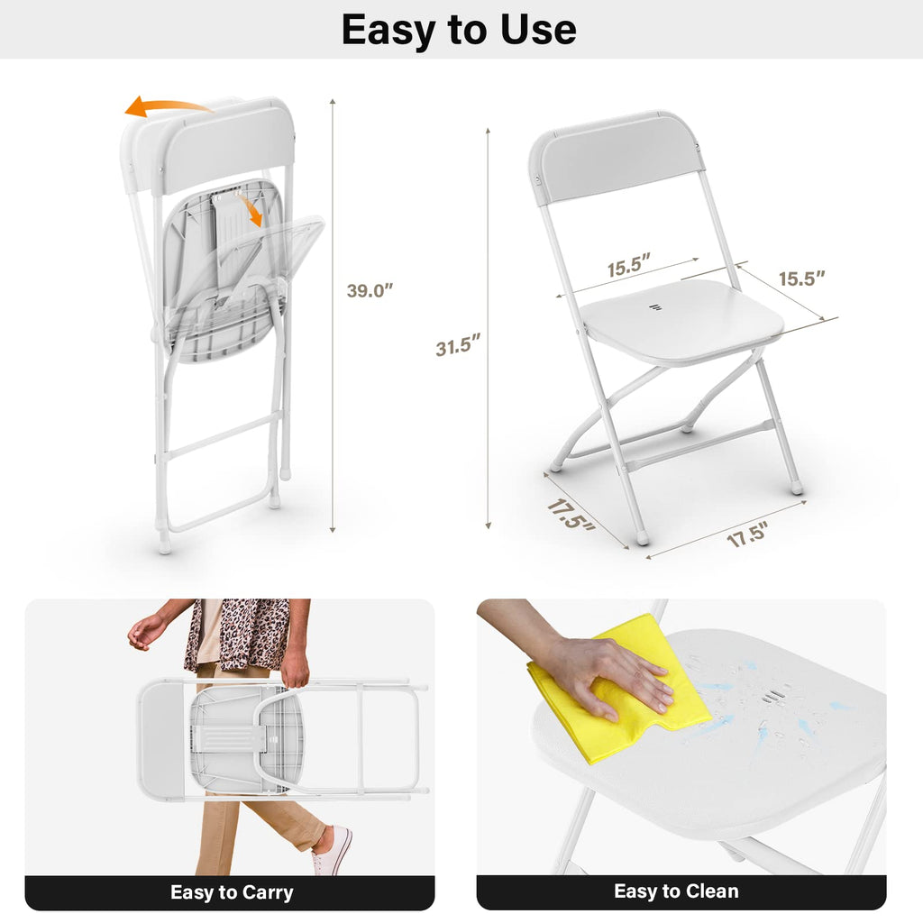 White Plastic Folding Chairs, Set of 2, Steel Frame N771
