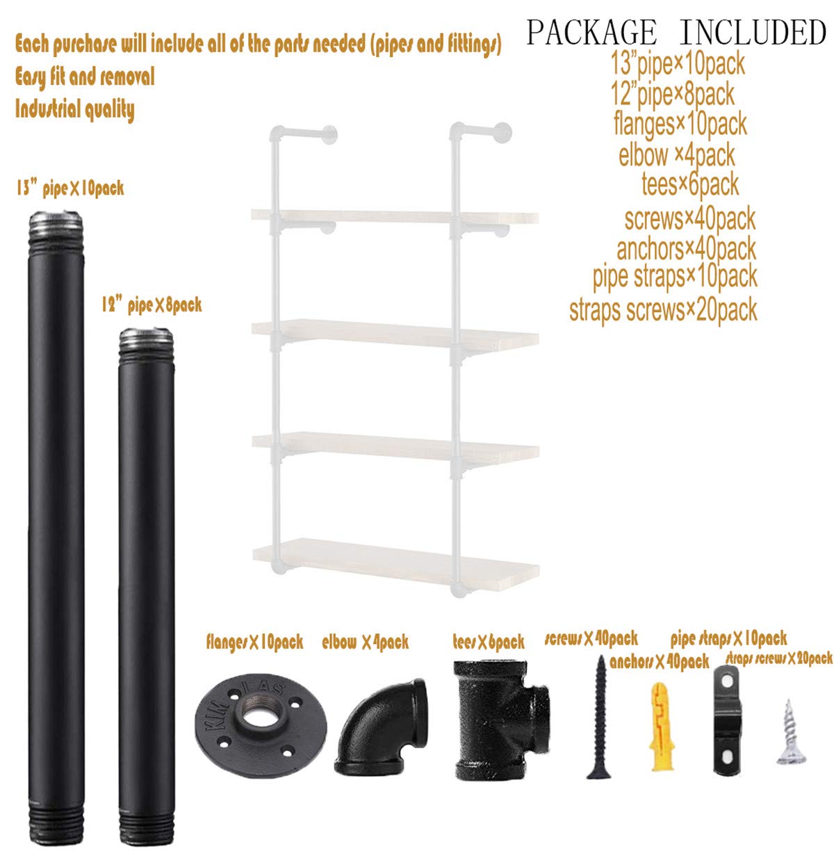 Industrial Wall Mount Iron Pipe Shelf 2Pcs 5 Tier E46351