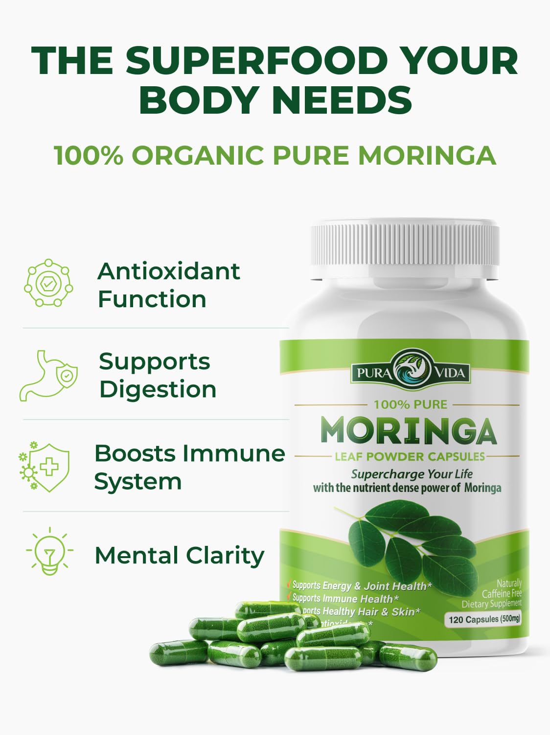 Organic Moringa Capsules 120ct 500mg W27530