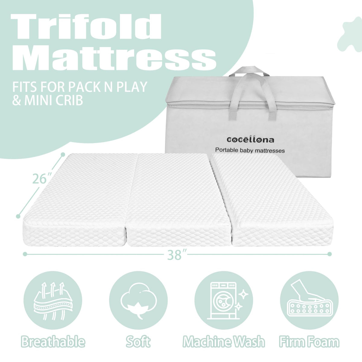 38”x26” Trifold Dual-Firmness Memory Foam Pack and Play Mattress X687772