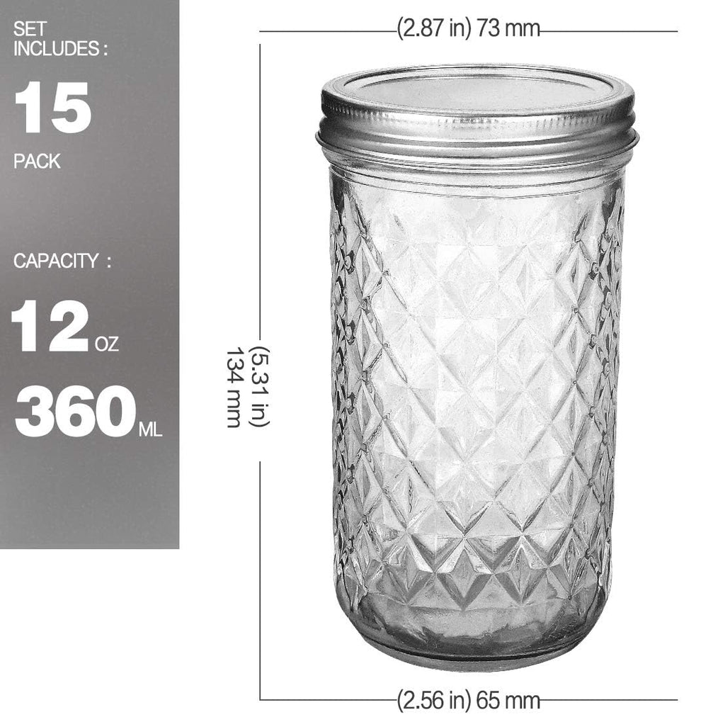 15 Pack 12 oz Mason Jars with Lids S2972
