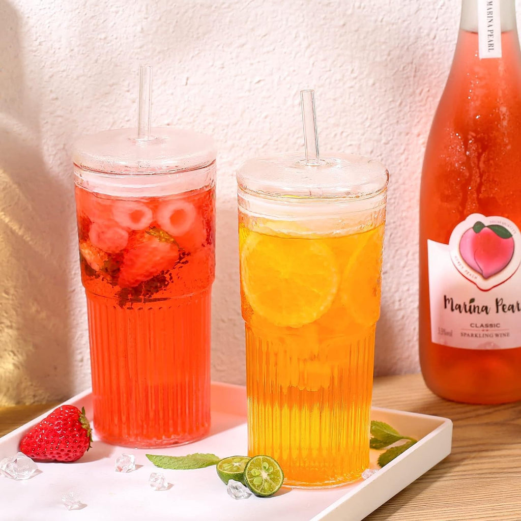 2Pcs 22oz Glass Cups with Lids and Straws R730