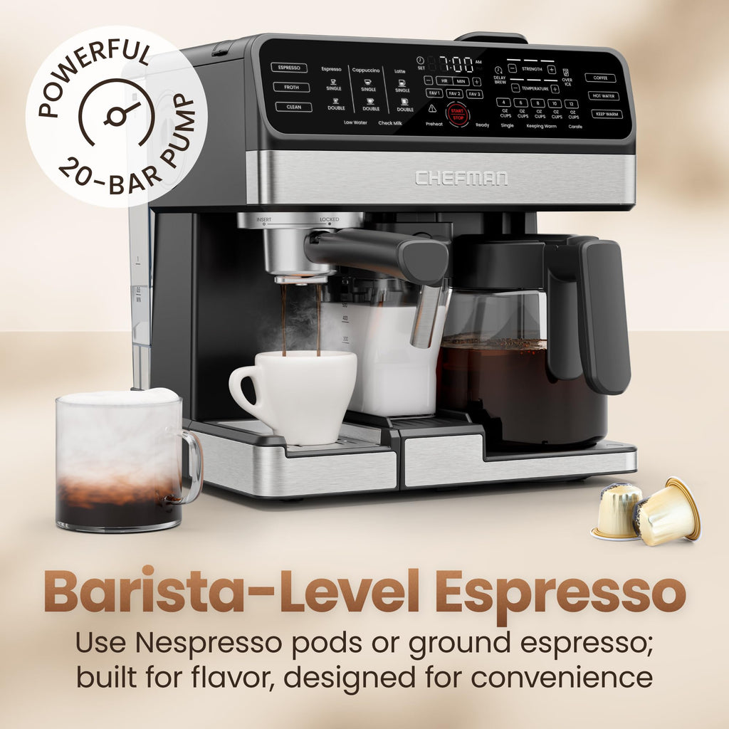 8-in-1 Espresso Machine with Milk Frother, 12-Cup Carafe, Black H944