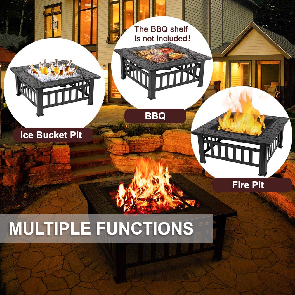 32'' Black Metal Square Wood Burning Fire Pit with Spark Screen Cover, Log Grate, Poker X82459