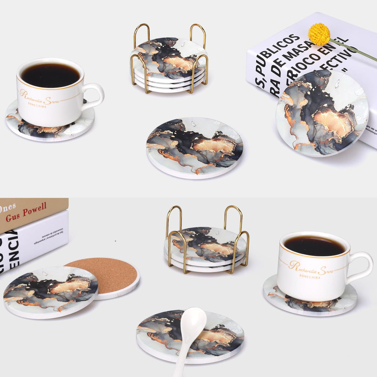 Black Marble Abstract Ceramic Coasters with Holder Z63174