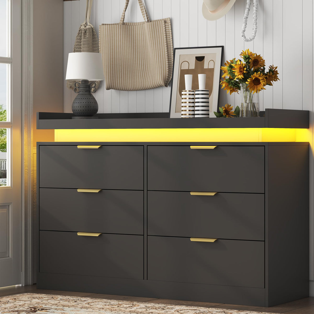 Black 6 Drawer Wood Dresser with LED Lights and Power Outlet T809