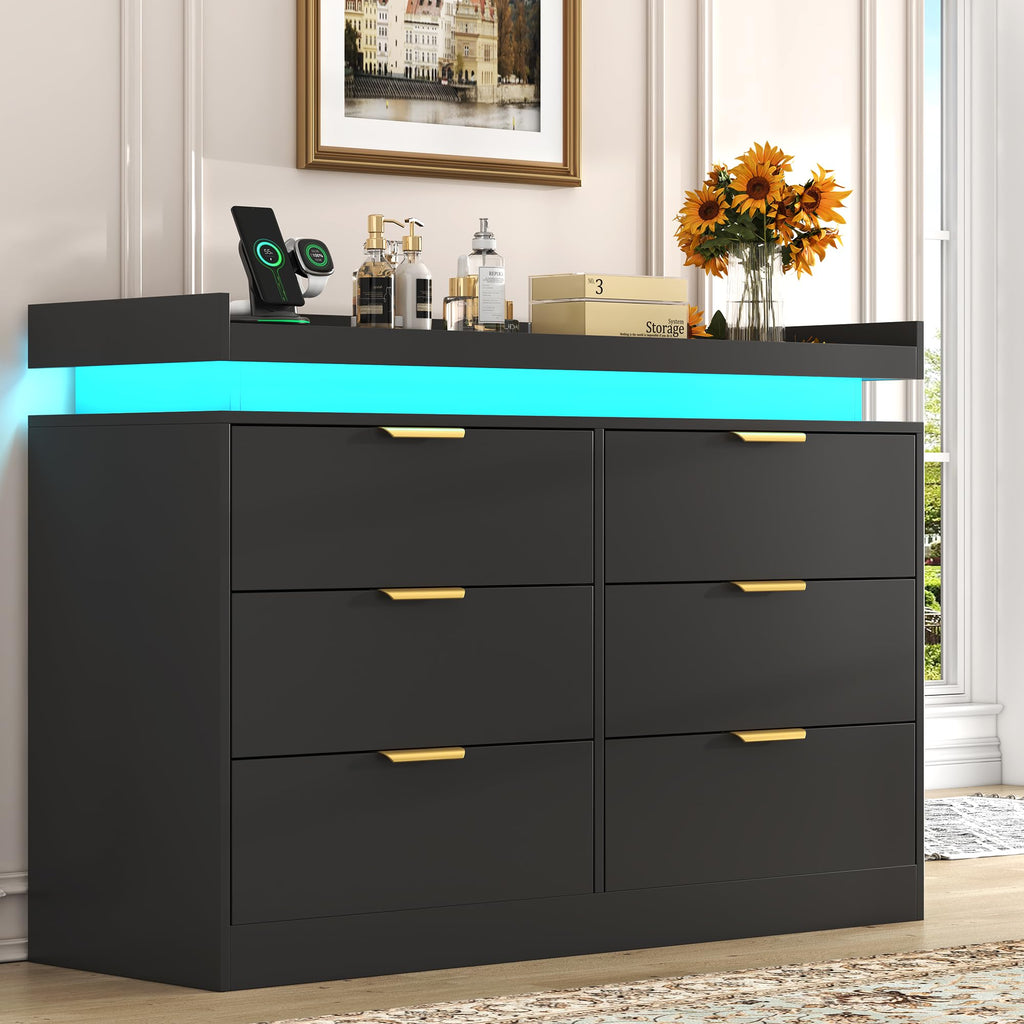 Black 6 Drawer Wood Dresser with LED Lights and Power Outlet T809