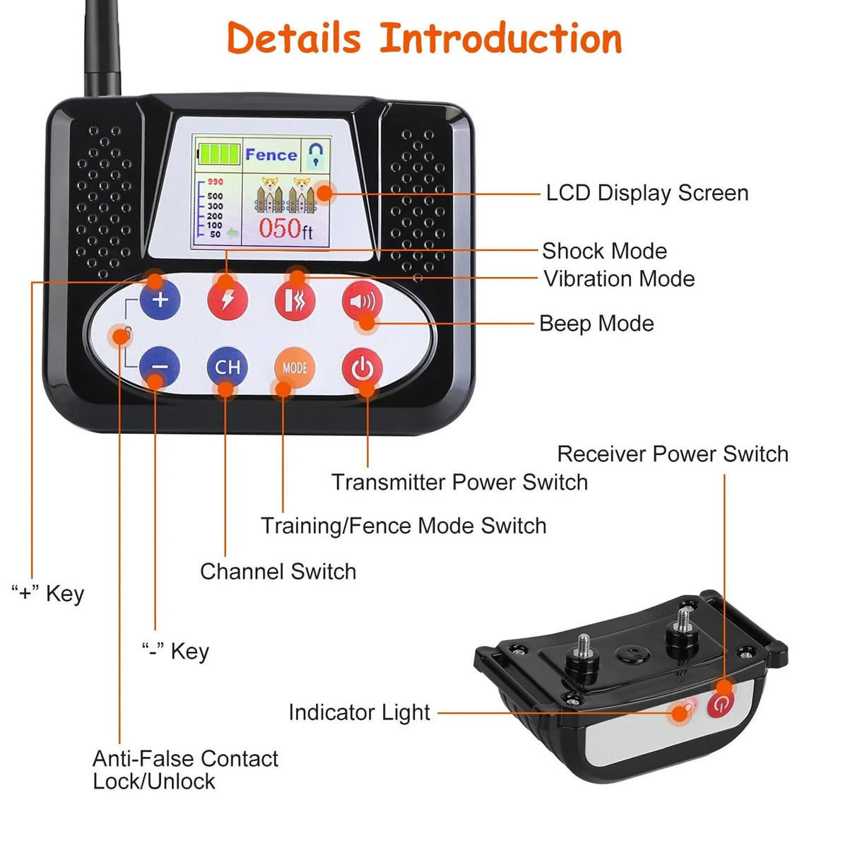 Wireless Electric Dog Fence & Training Collar 2-in-1, Waterproof Rechargeable, Up to 8 Acre E293015