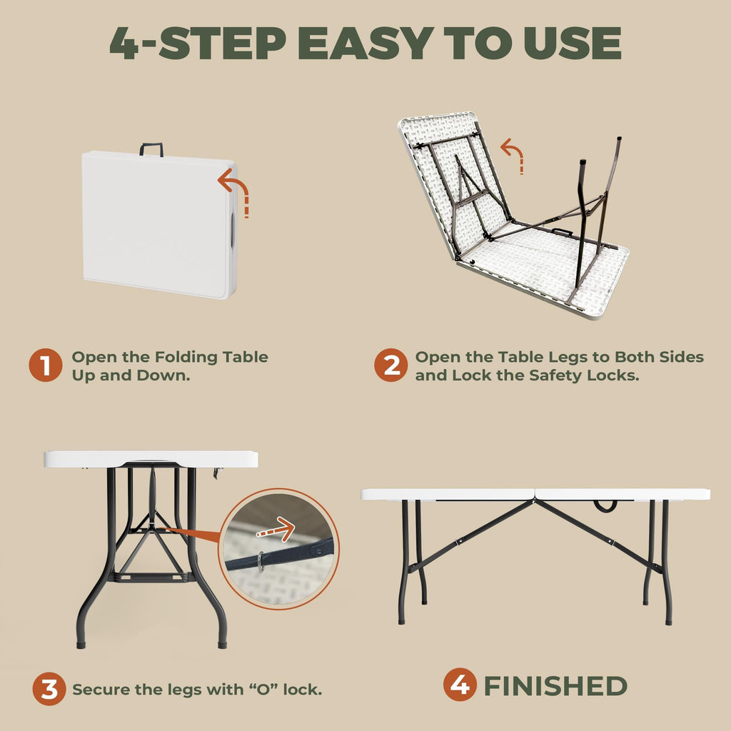6FT Folding Table with Carry Handle, White, 1 Pack R1314