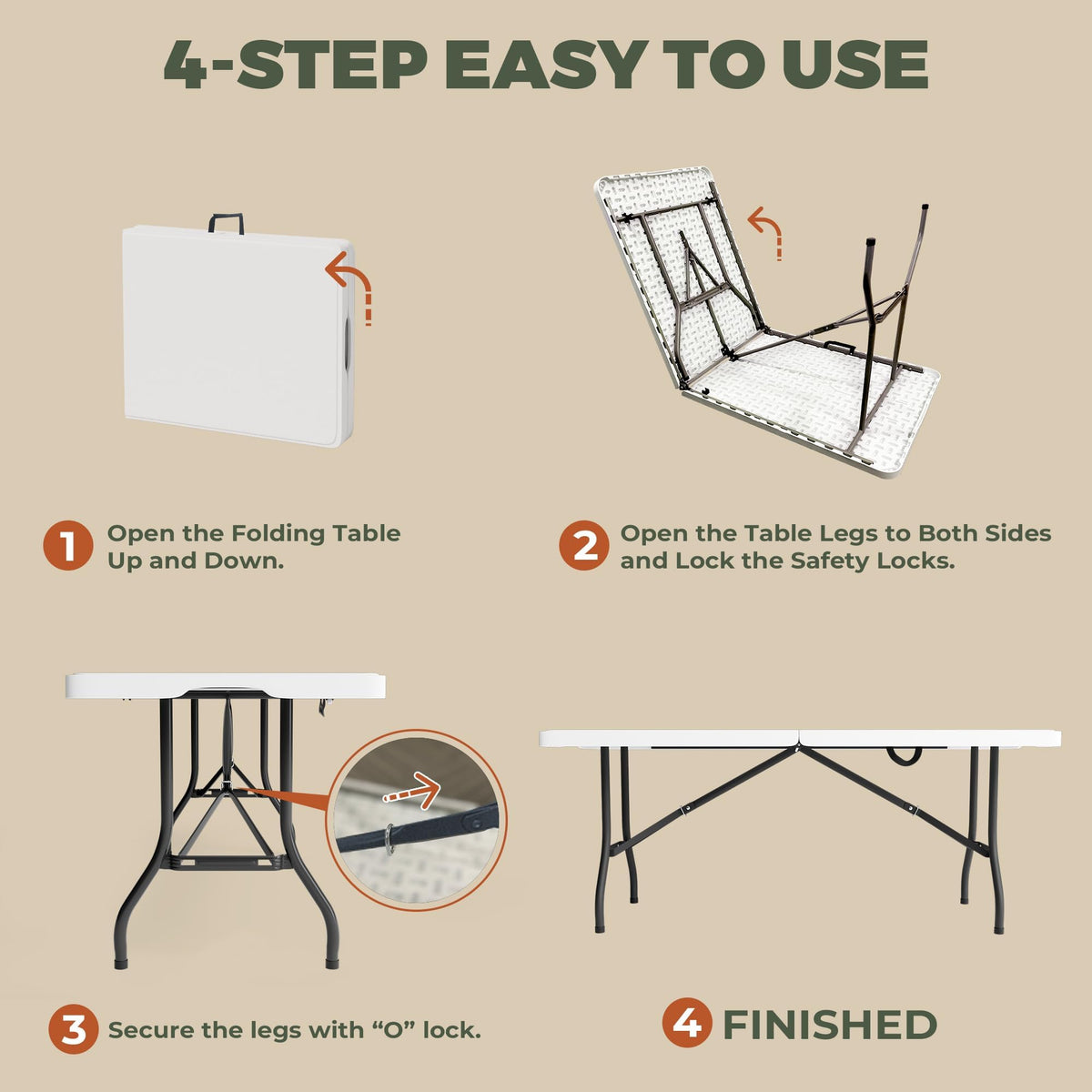 6FT Folding Table with Carry Handle, White, 1 Pack R1314