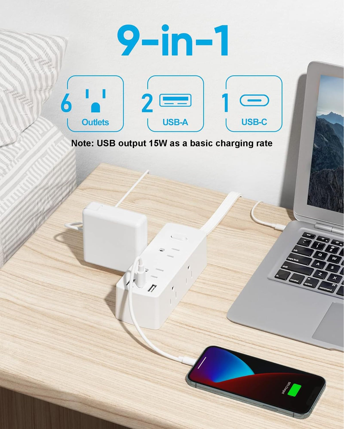 Flat Plug Power Strip with 5 FT Extension Cord, 6 Outlets 3 USB Ports, White H4060