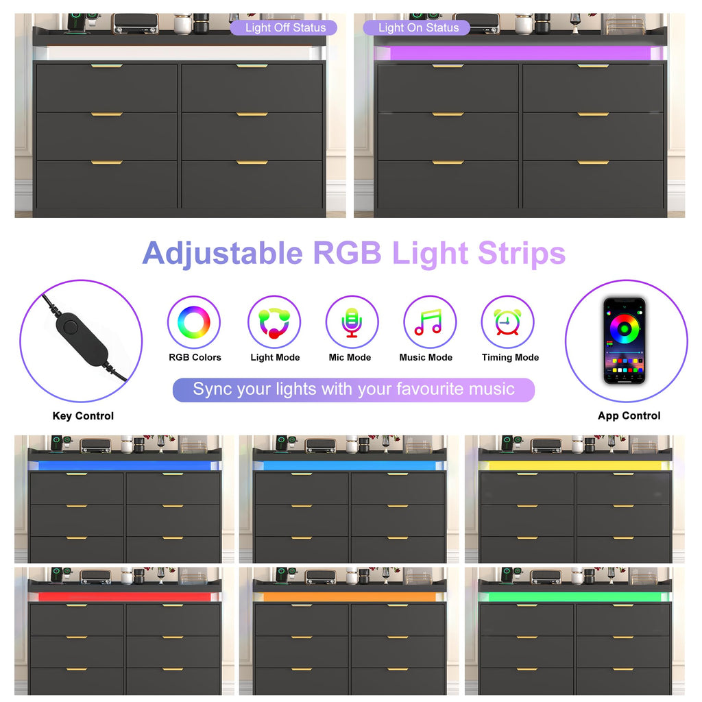 Black 6 Drawer Wood Dresser with LED Lights and Power Outlet T809