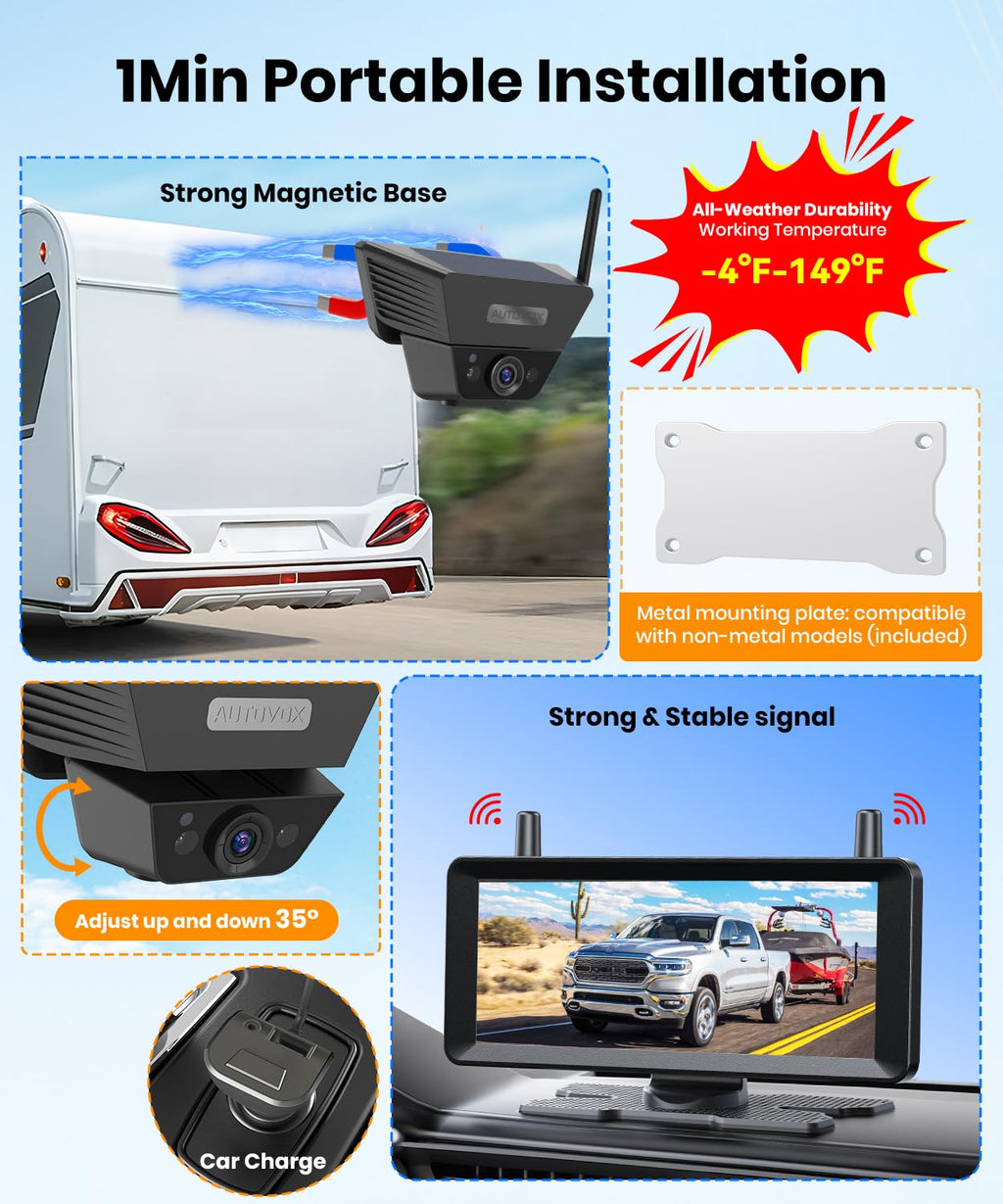 Wireless Backup Camera Solar Magnetic 7.2" 1080P Monitor D570