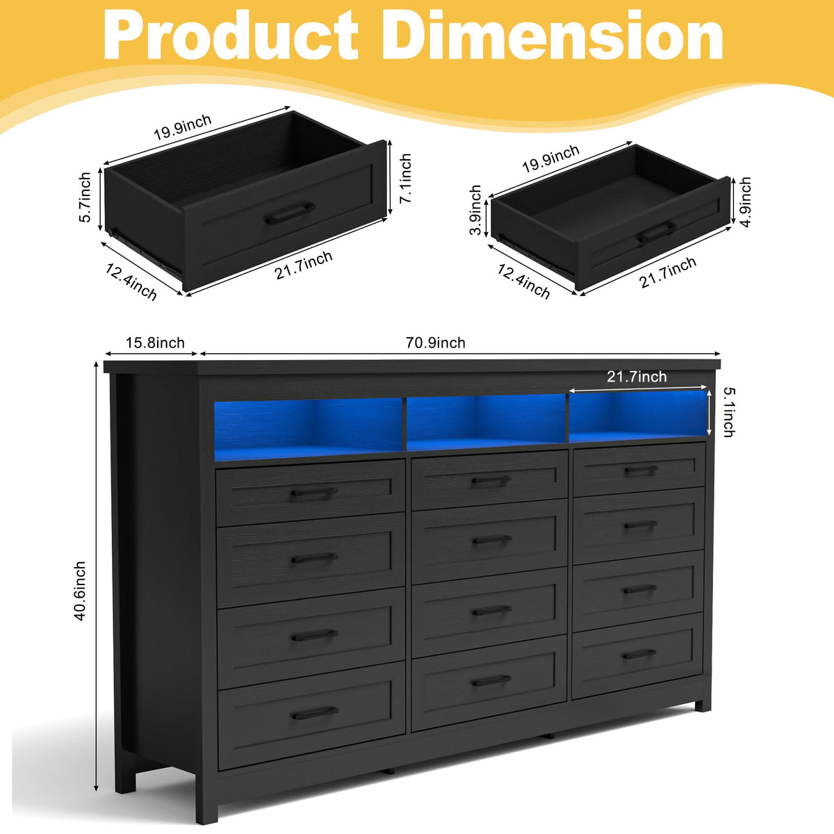 Black 12 Drawer Wood Dresser with LED Lights C19161