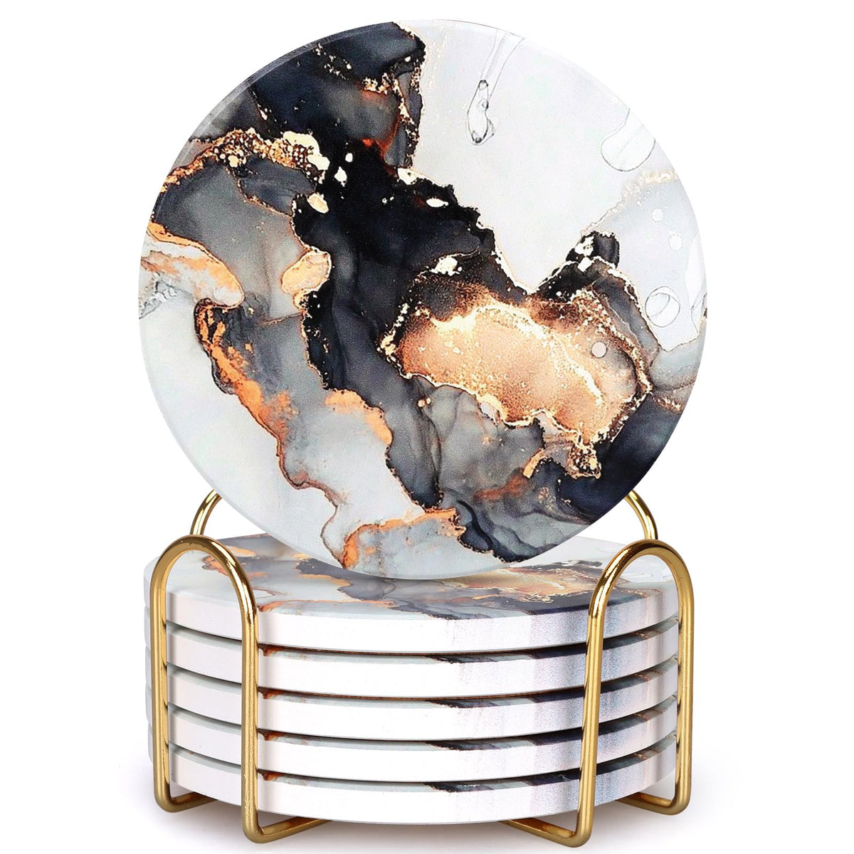 Black Marble Abstract Ceramic Coasters with Holder Z63174