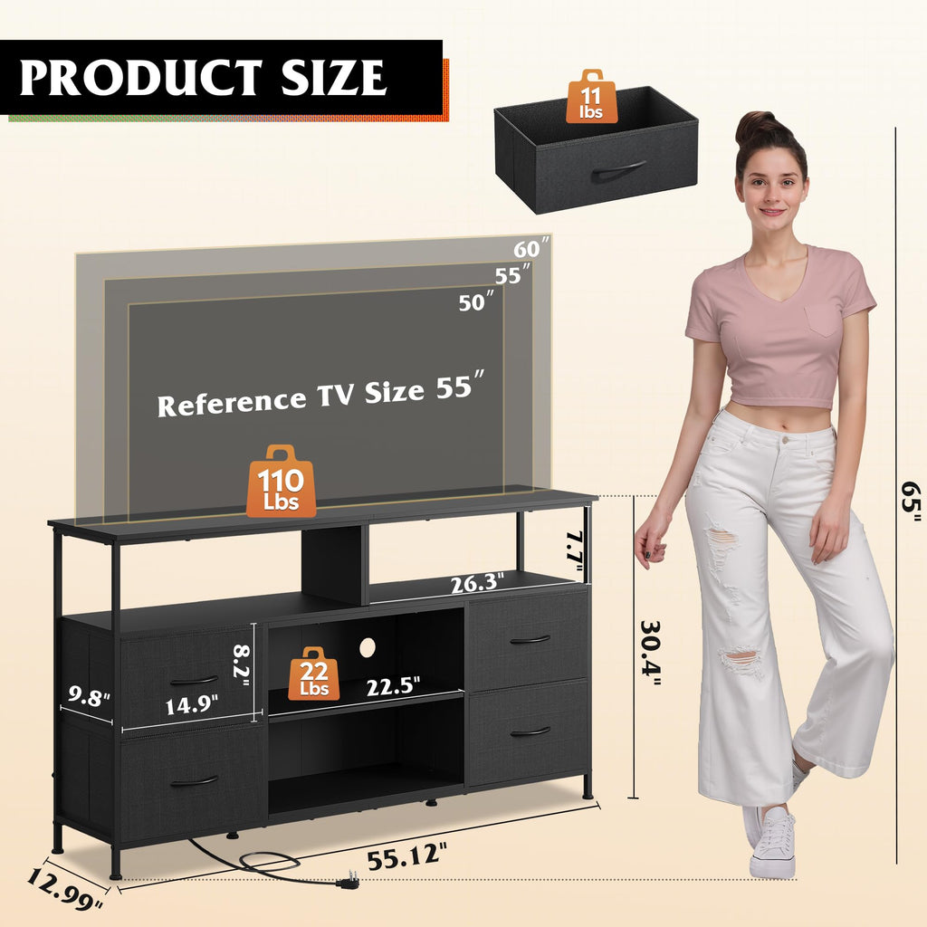 Black TV Stand Dresser with LED Lights and Fabric Drawers Q690560