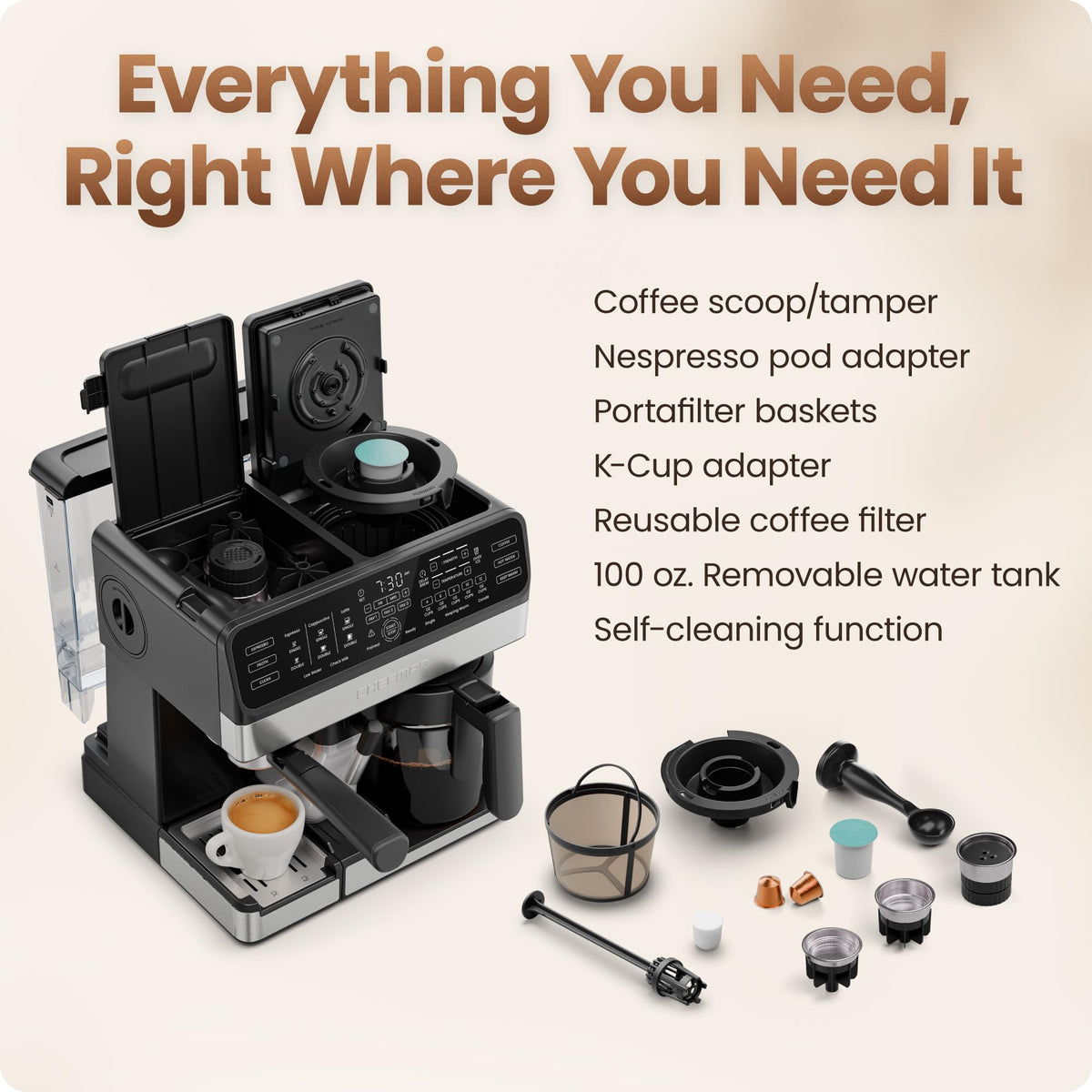 8-in-1 Espresso Machine with Milk Frother, 12-Cup Carafe, Black H944