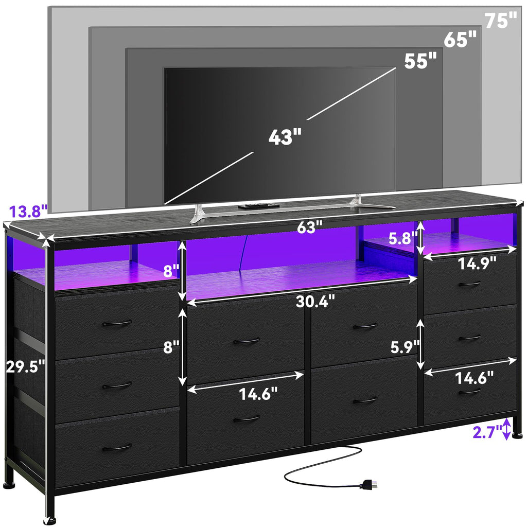 10 Drawer Dresser TV Stand with LED Lights and Power Outlets X5855