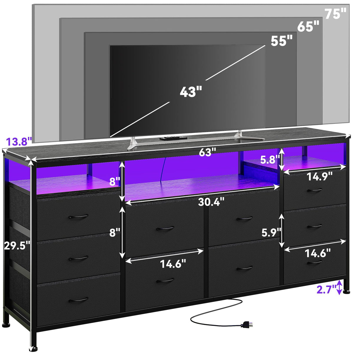 10 Drawer Dresser TV Stand with LED Lights and Power Outlets X5855