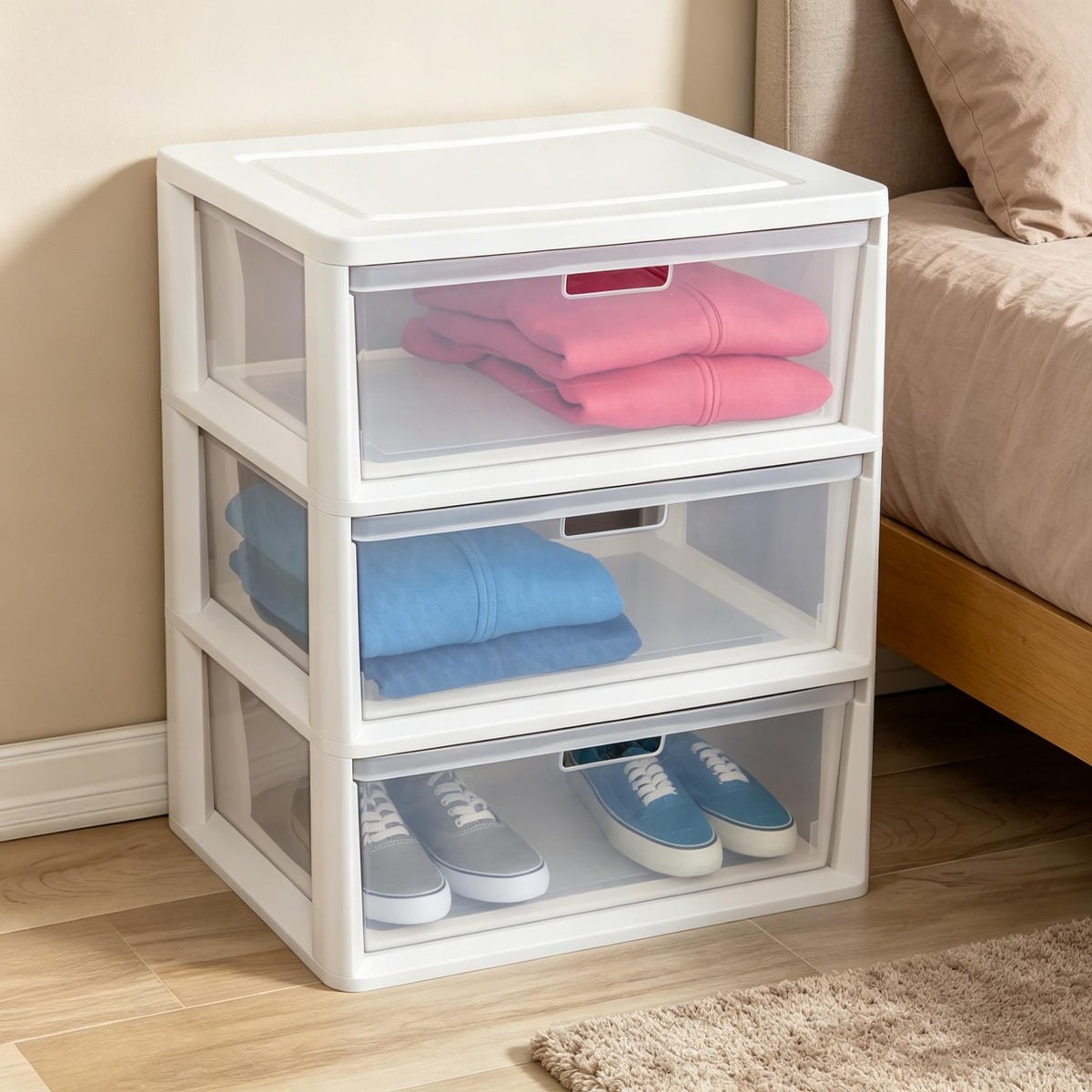 White 3-Drawer Plastic Storage Tower with Clear Bins K69438