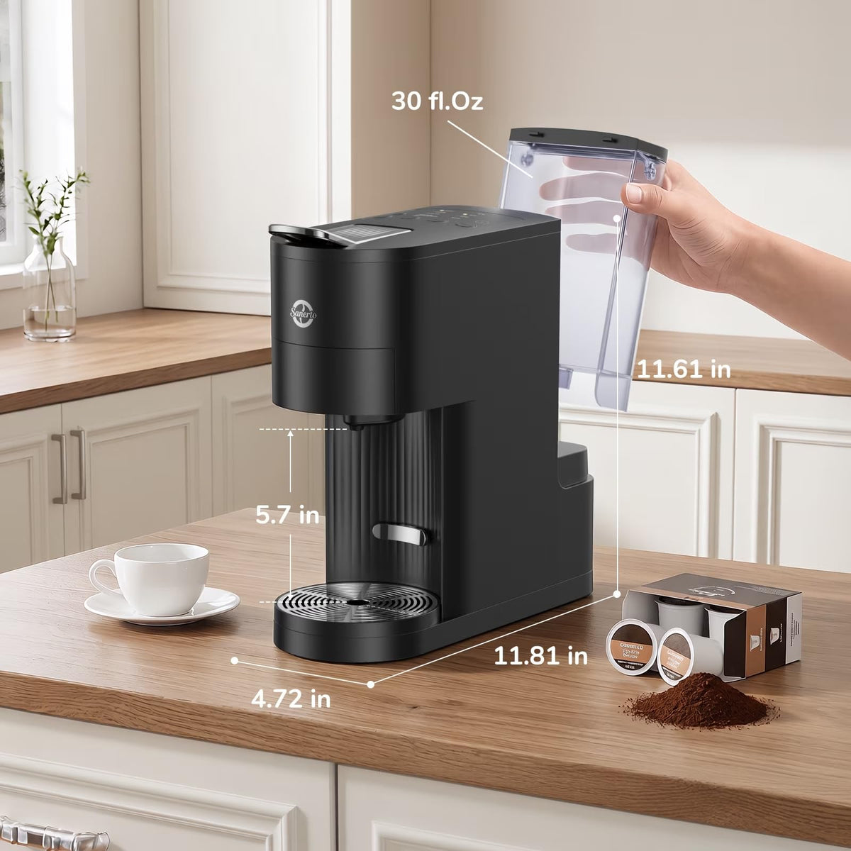 Single Serve Coffee Maker with K Cup Capsules & Grounds, Black H43506