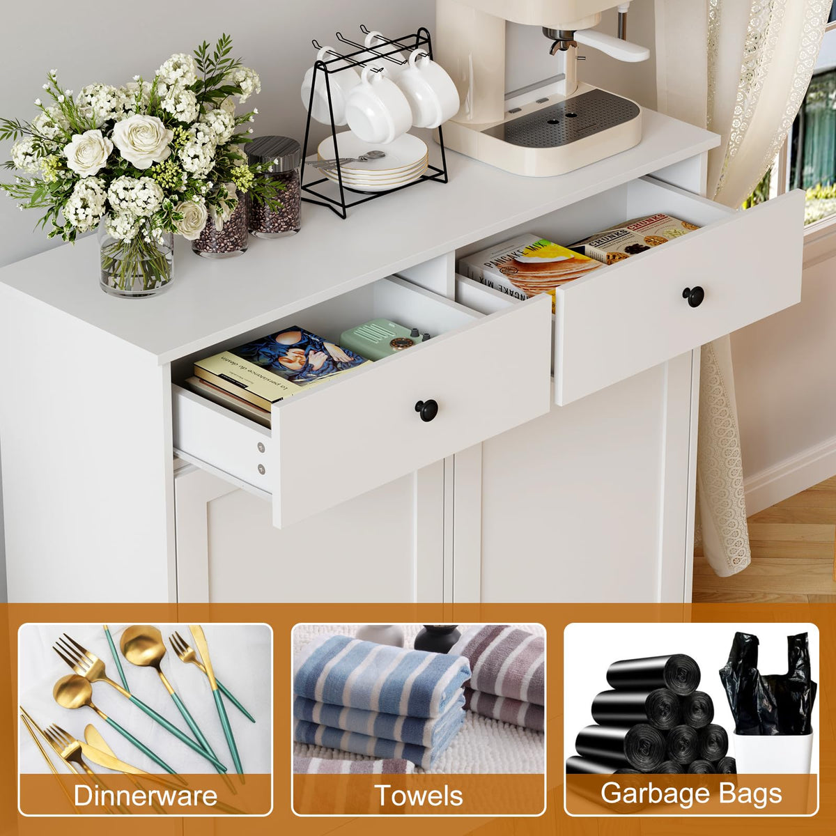 20 Gallon Double Tilt Out Trash Can Cabinet with Hidden Drawers White V97306