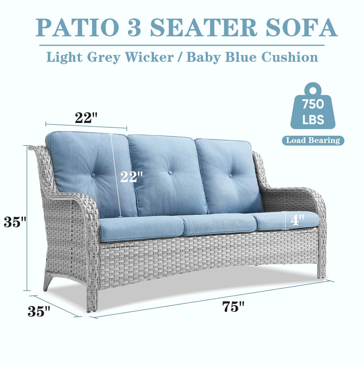 Light Gray Baby Blue Wicker 3-Seat Outdoor Sofa I619