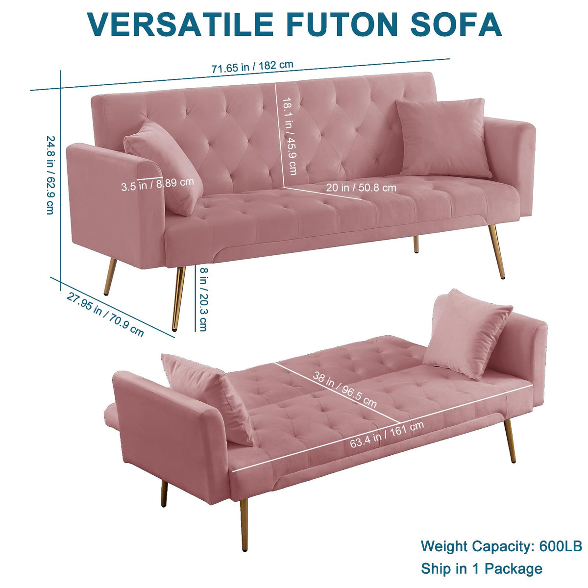 Pink Velvet Convertible Sofa Bed L9404