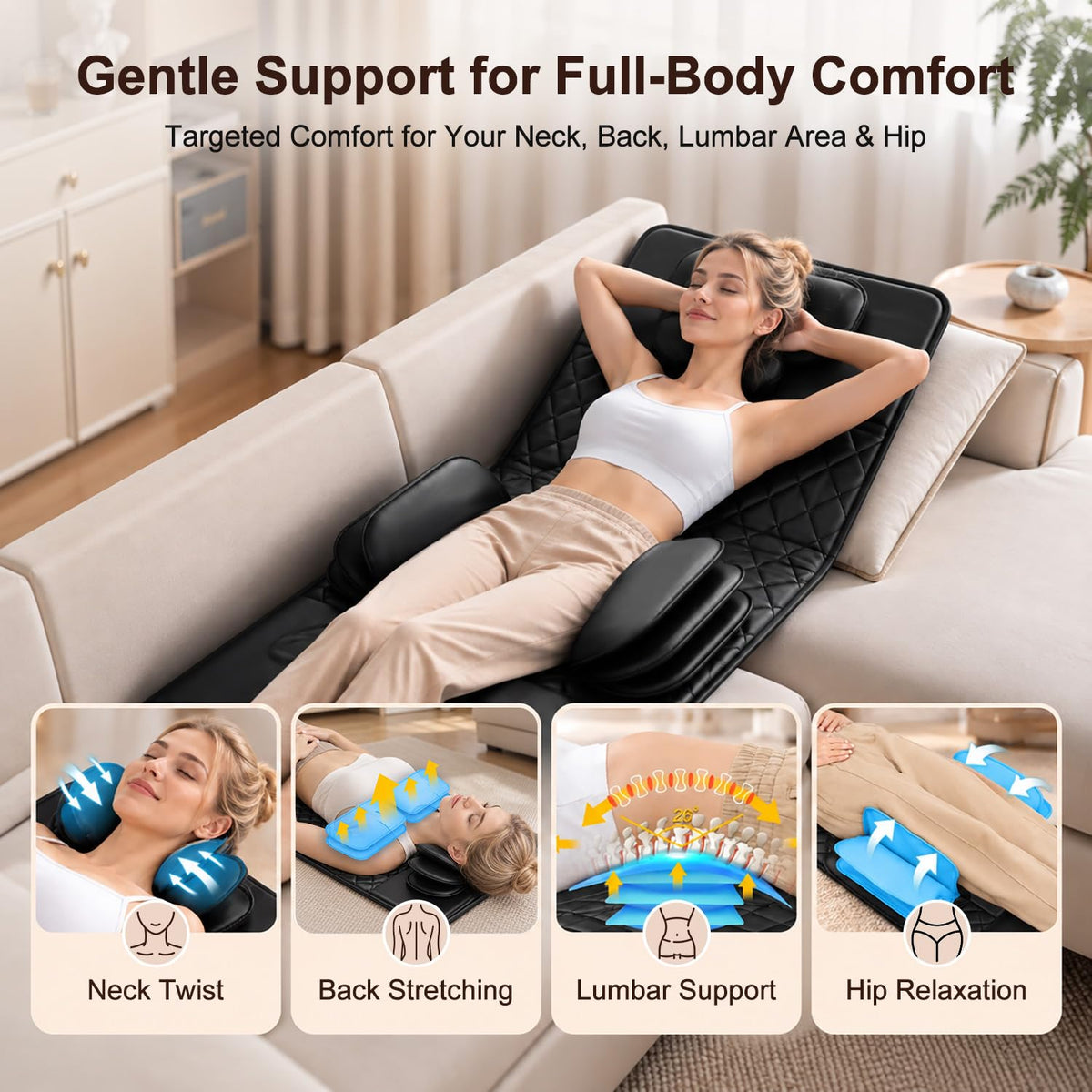 Full Body Massage Mat with Heat, 3D Stretching Back Massager Pad, 4 Modes 3 Intensities 3 Heat Levels, Portable Foldable PU Leather E210