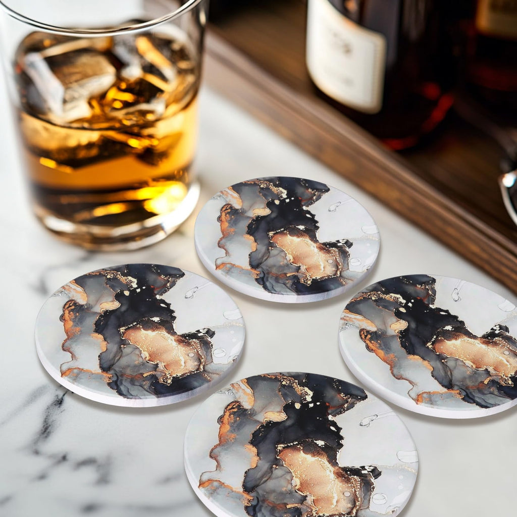 Black Marble Abstract Ceramic Coasters with Holder Z63174