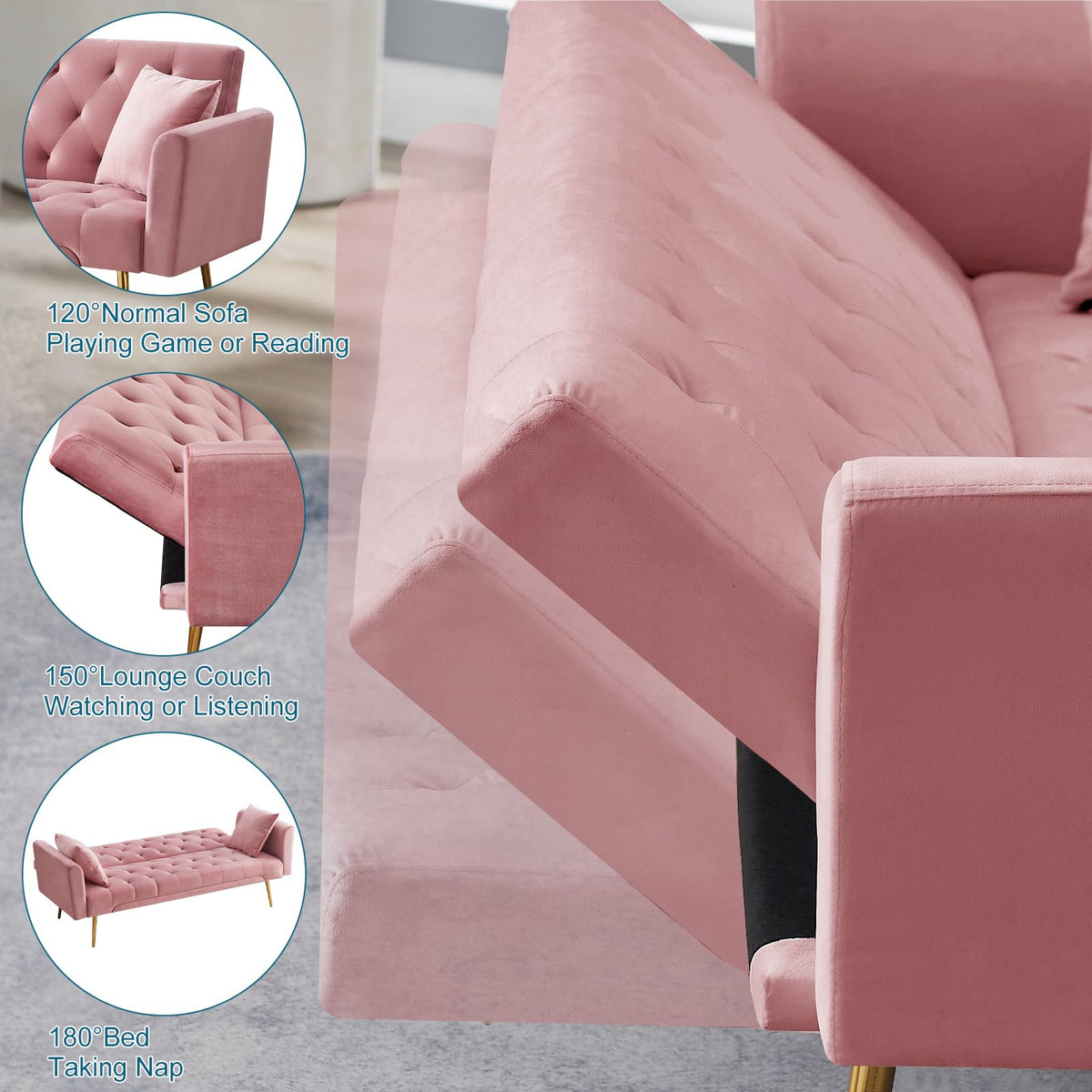 Pink Velvet Convertible Sofa Bed L9404
